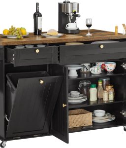 60" Kitchen Island with Power Outlet & Drop Leaf, Kitchen Rolling Island with Spice Rack & Towel Rack, Knife Holder, Kitchen Island Cart with Trash Storage Cabinet, Mobile Island Table for Kitchen