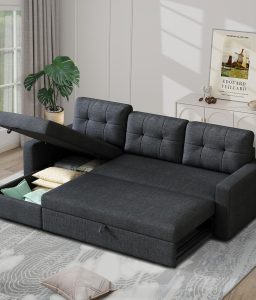 Ball & Cast L Shape Sleeper Sofa with Pull Out Bed,81.5" Sectional Couch W/Storage Chaise,2 in 1 Convertible Sofa Bed W/ 3 Movable Back Cushions,Reversible Sectional Sofa for Living Room,Dark Gray