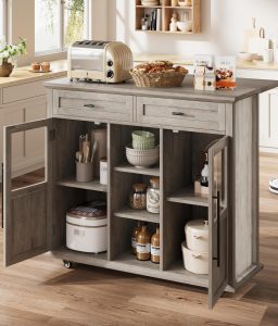 GarveeHome Rustic Kitchen Island with Storage, Island Table on Wheels with Drop Leaf, 41" Coffee Bar with 3 Storage Methods, Portable Kitchen Table Kitchen Carts, Gray