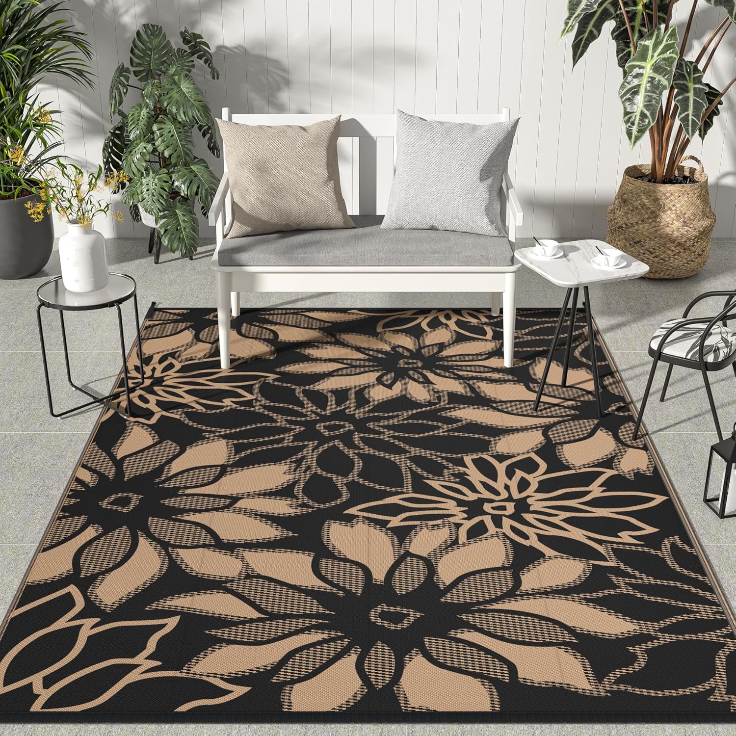 GENIMO Outdoor Rug Waterproof for Patio Decor, 5' x 8' Reversible Plastic Straw Floral Camping Carpet, Large Area Rugs Mats for RV, Camper, Deck, Balcony, Porch, Beach, Picnic, Black & Brown