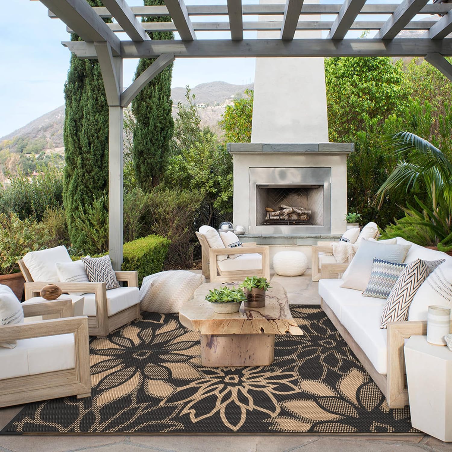 GENIMO Outdoor Rug Waterproof for Patio Decor, 5' x 8' Reversible Plastic Straw Floral Camping Carpet, Large Area Rugs Mats for RV, Camper, Deck, Balcony, Porch, Beach, Picnic, Black & Brown - Image 2