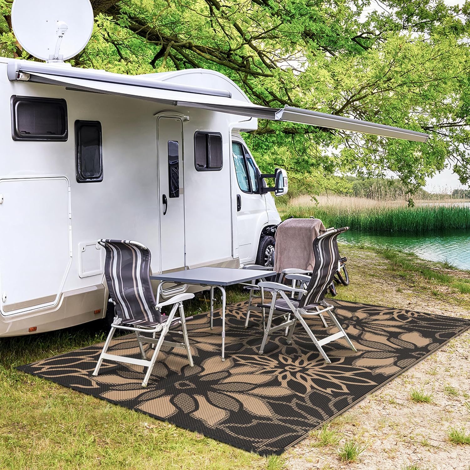 GENIMO Outdoor Rug Waterproof for Patio Decor, 5' x 8' Reversible Plastic Straw Floral Camping Carpet, Large Area Rugs Mats for RV, Camper, Deck, Balcony, Porch, Beach, Picnic, Black & Brown - Image 3