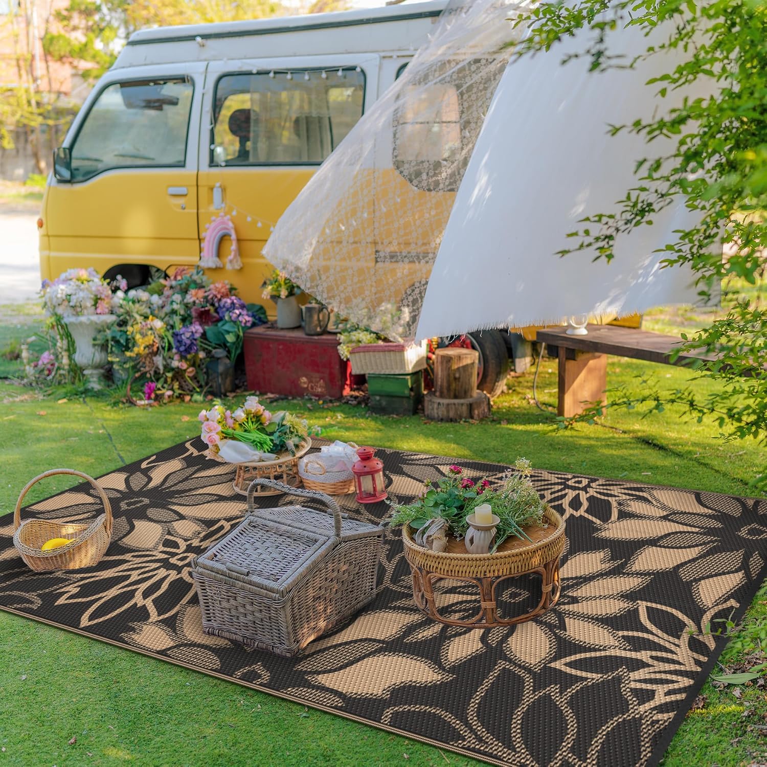 GENIMO Outdoor Rug Waterproof for Patio Decor, 5' x 8' Reversible Plastic Straw Floral Camping Carpet, Large Area Rugs Mats for RV, Camper, Deck, Balcony, Porch, Beach, Picnic, Black & Brown - Image 4