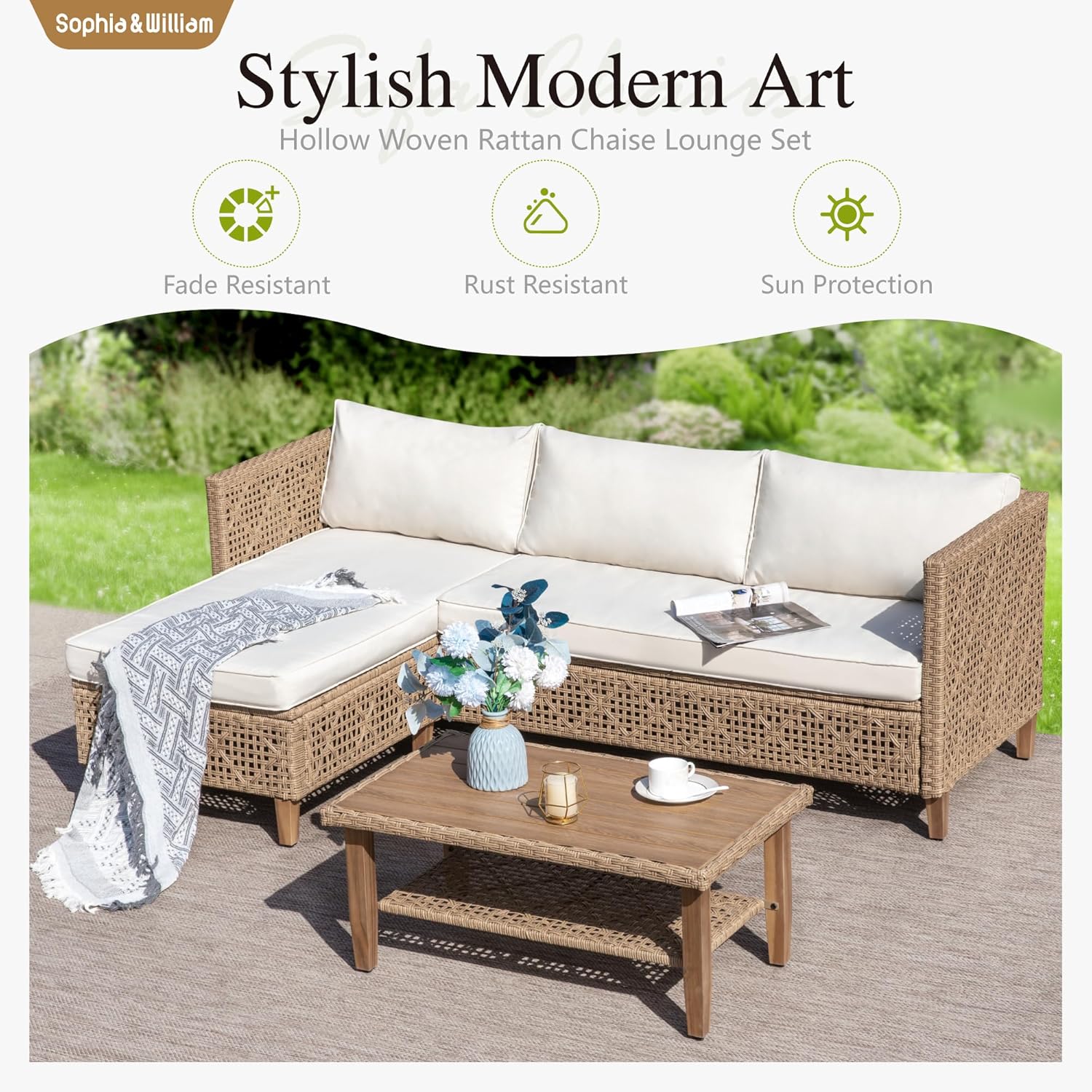 Sophia and William Boho Wicker Patio Furniture Set Outdoor Rattan Sectional Sets Conversation Set - Weather-Resistant, with Dual Storage Coffee Table Acacia Wood Legs for Garden, Patio & Deck(Beige) - Image 2