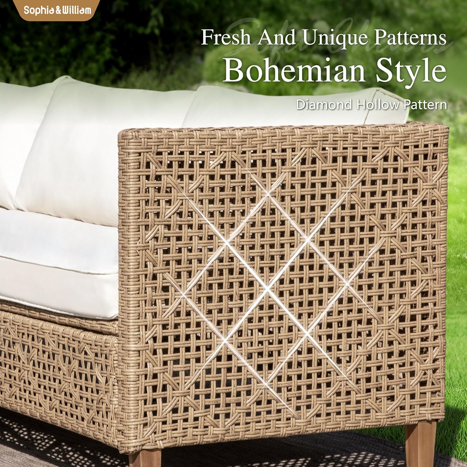 Sophia and William Boho Wicker Patio Furniture Set Outdoor Rattan Sectional Sets Conversation Set - Weather-Resistant, with Dual Storage Coffee Table Acacia Wood Legs for Garden, Patio & Deck(Beige) - Image 4
