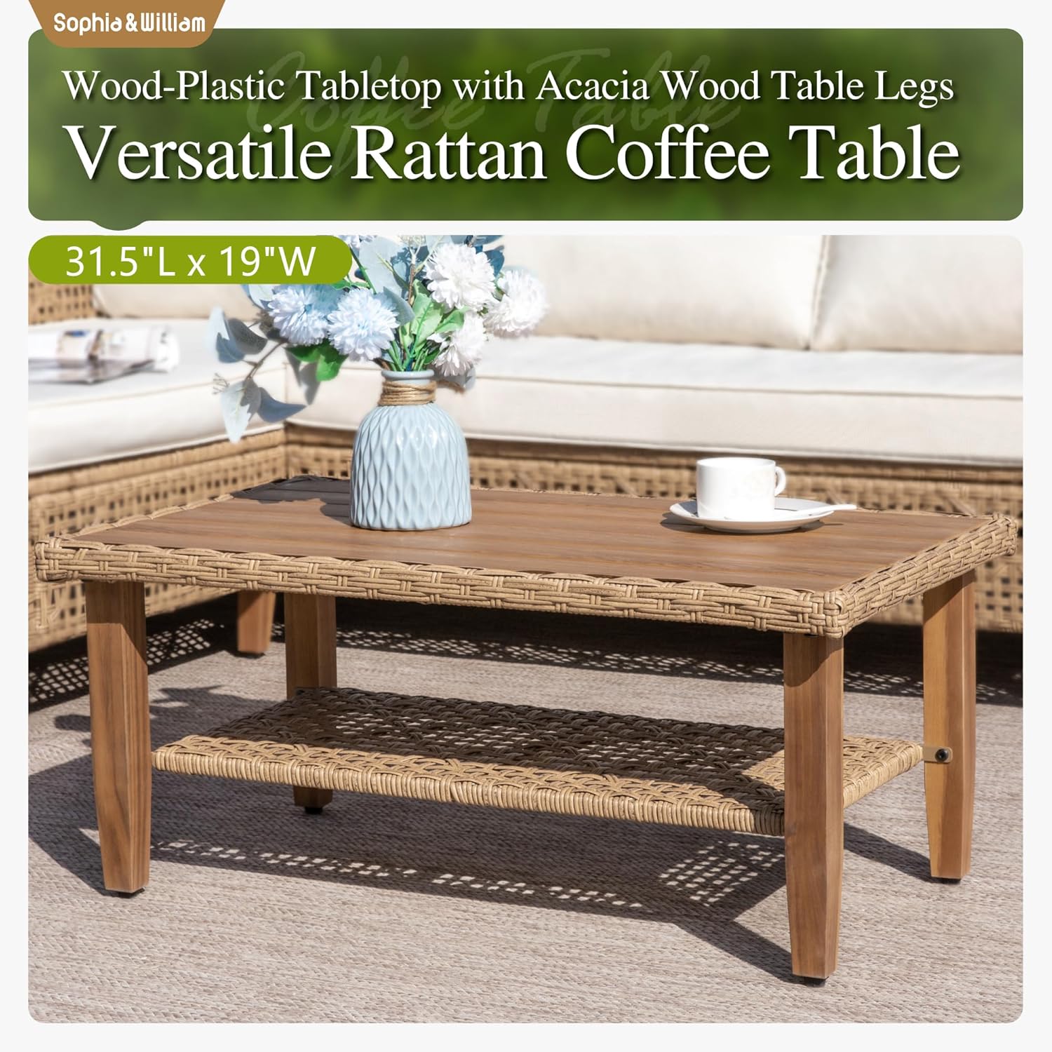 Sophia and William Boho Wicker Patio Furniture Set Outdoor Rattan Sectional Sets Conversation Set - Weather-Resistant, with Dual Storage Coffee Table Acacia Wood Legs for Garden, Patio & Deck(Beige) - Image 5