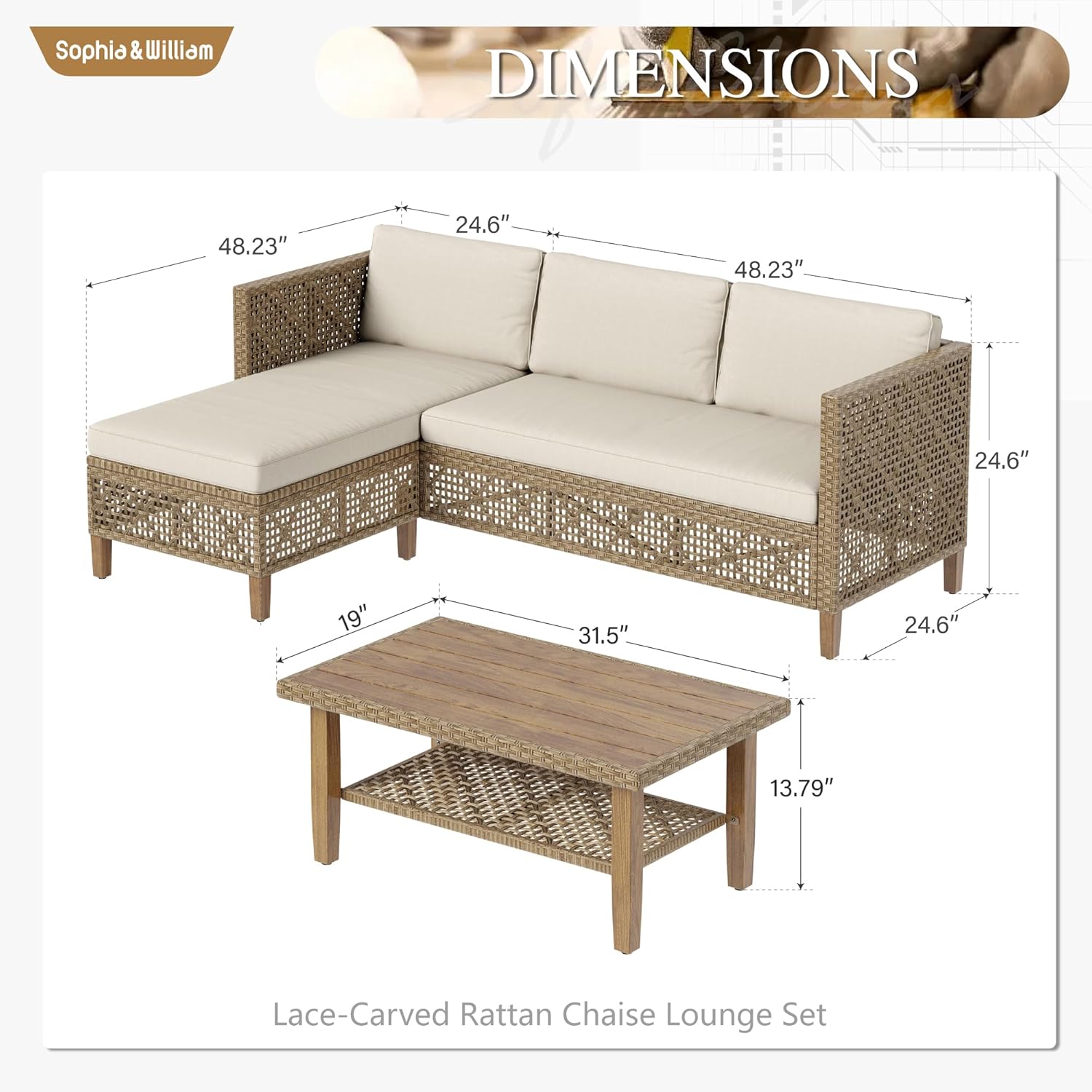 Sophia and William Boho Wicker Patio Furniture Set Outdoor Rattan Sectional Sets Conversation Set - Weather-Resistant, with Dual Storage Coffee Table Acacia Wood Legs for Garden, Patio & Deck(Beige) - Image 6