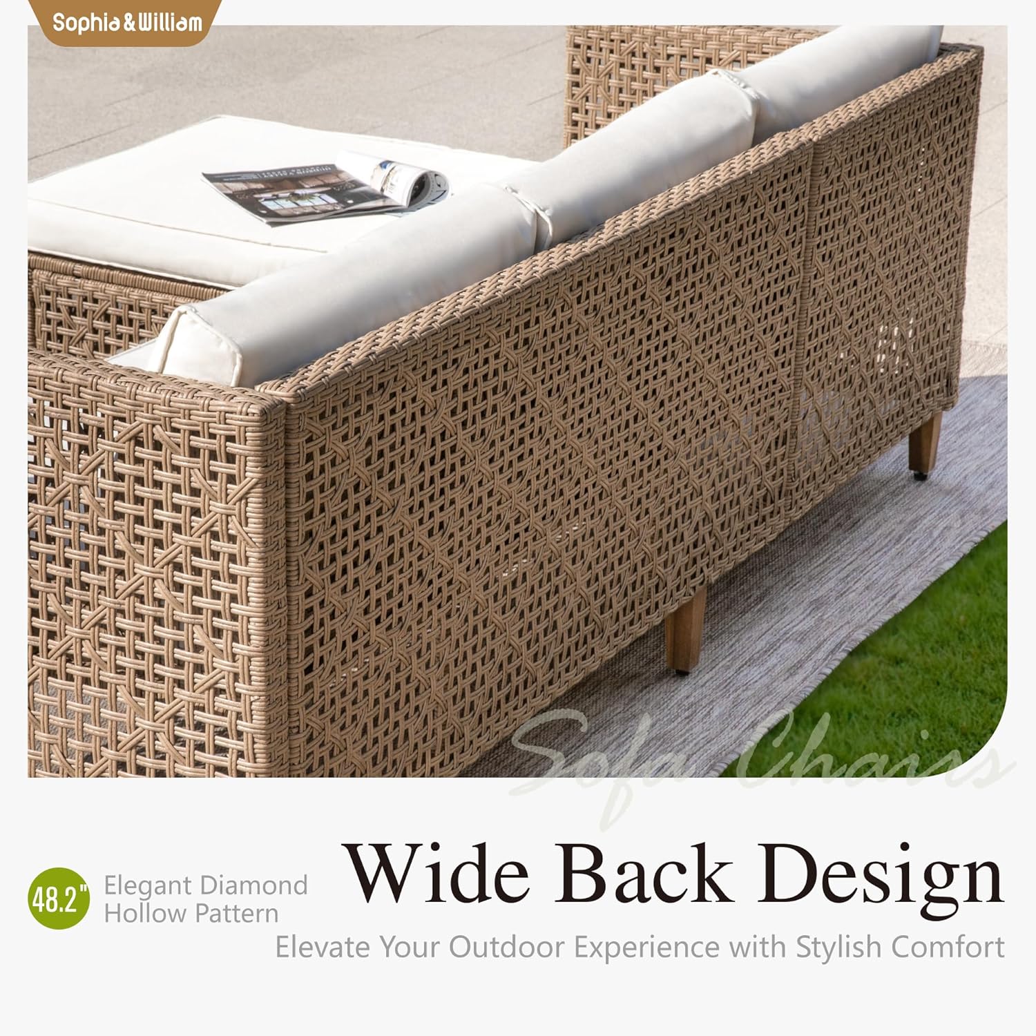 Sophia and William Boho Wicker Patio Furniture Set Outdoor Rattan Sectional Sets Conversation Set - Weather-Resistant, with Dual Storage Coffee Table Acacia Wood Legs for Garden, Patio & Deck(Beige) - Image 7