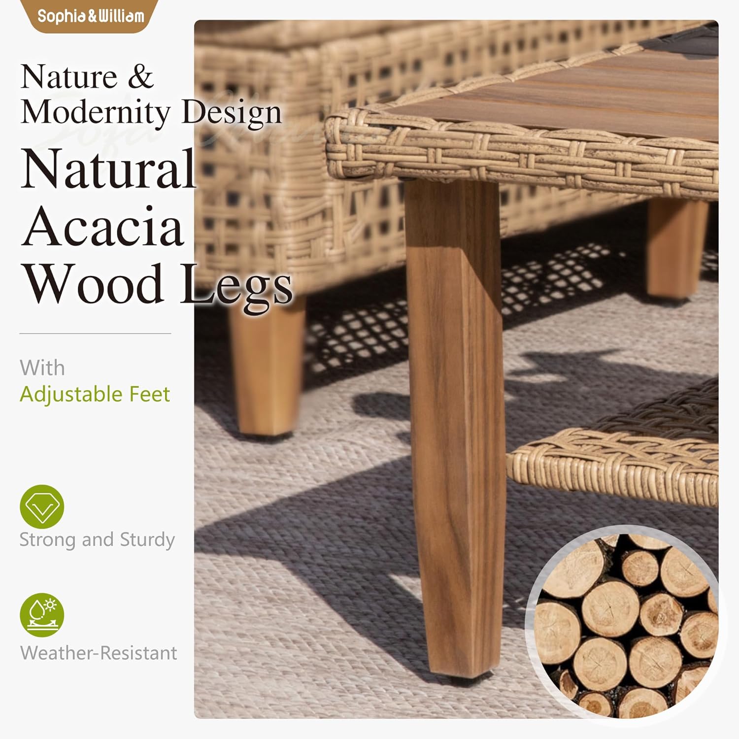 Sophia and William Boho Wicker Patio Furniture Set Outdoor Rattan Sectional Sets Conversation Set - Weather-Resistant, with Dual Storage Coffee Table Acacia Wood Legs for Garden, Patio & Deck(Beige) - Image 8