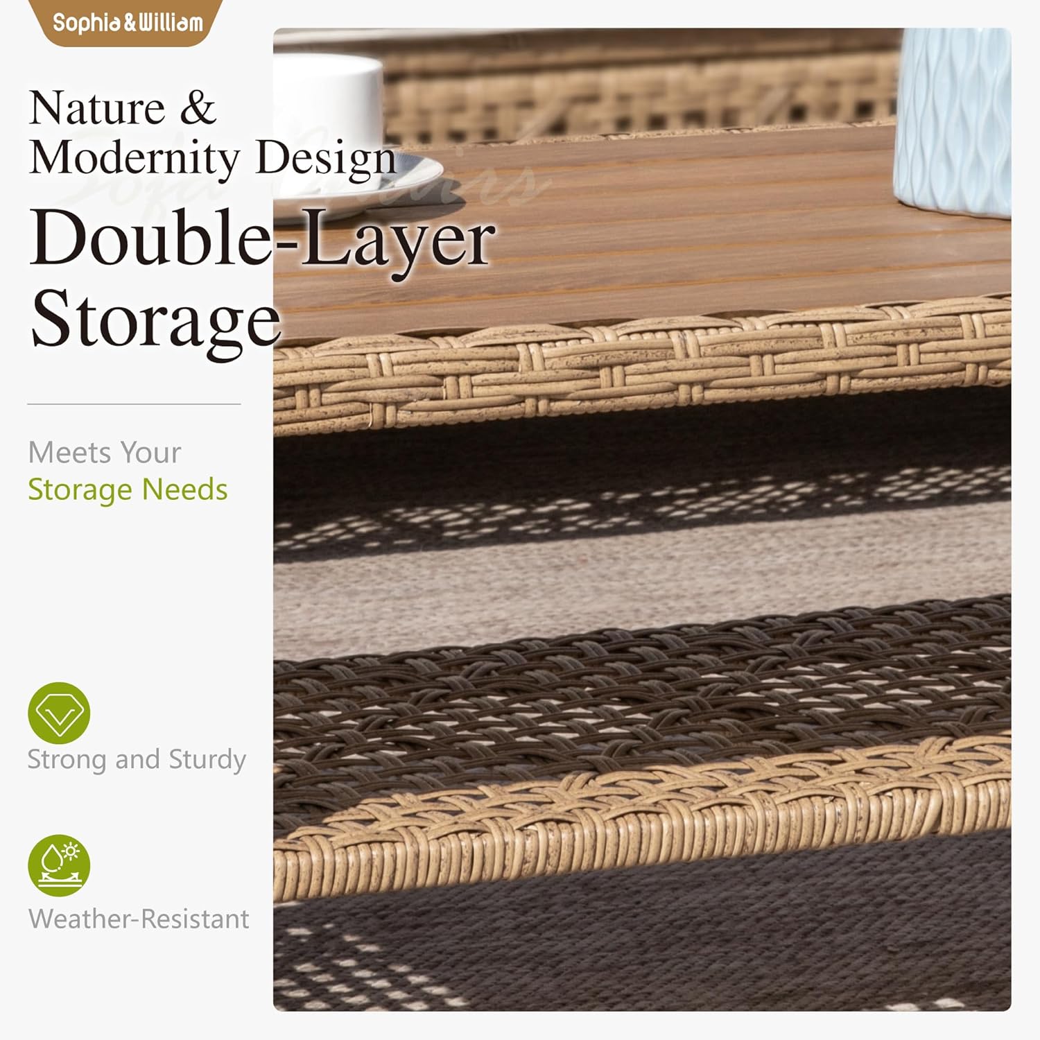 Sophia and William Boho Wicker Patio Furniture Set Outdoor Rattan Sectional Sets Conversation Set - Weather-Resistant, with Dual Storage Coffee Table Acacia Wood Legs for Garden, Patio & Deck(Beige) - Image 9